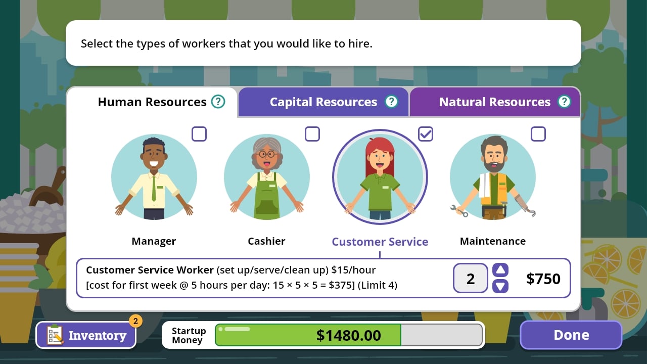 JA Lemonade Stand Game - Select types of workers JA Lemonade Stand Game - Select types of workers