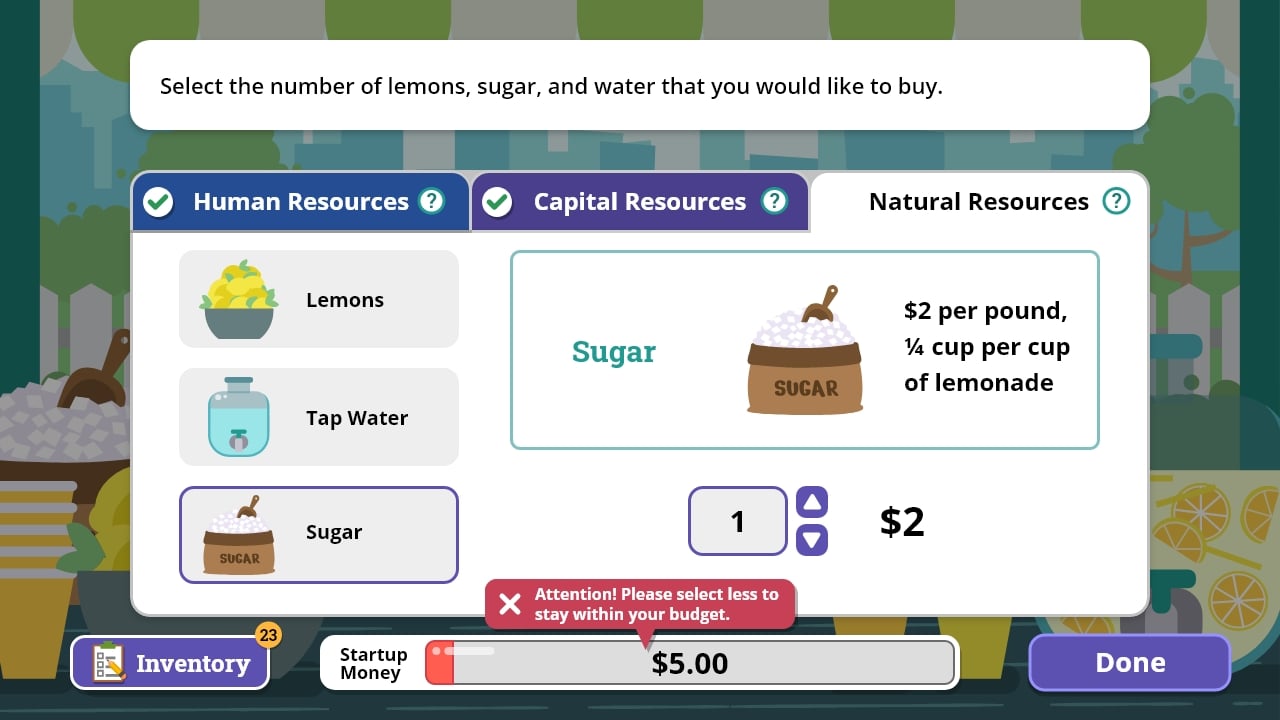 JA Lemonade Stand Game - Select natural resources JA Lemonade Stand Game - Select natural resources