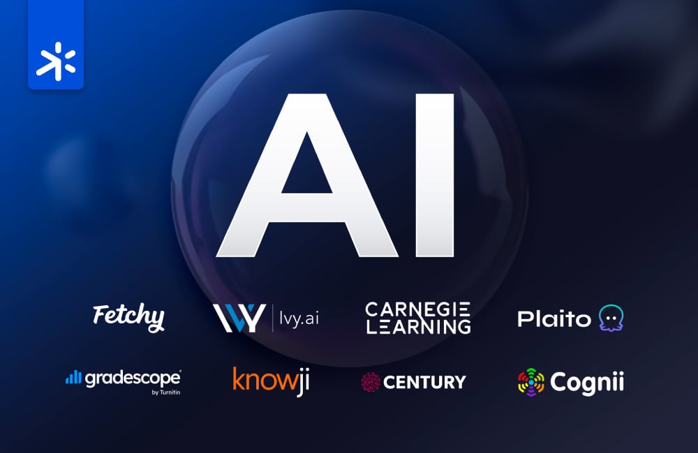 Sparxworks and tech for inclusive education A picture with the AI title in the middle and below the names of the following enterprises Fetchy, Ivy.ai, Carnegie Learning, Plaito, Gradscope, Knowji, CenturyTech, Cognii.