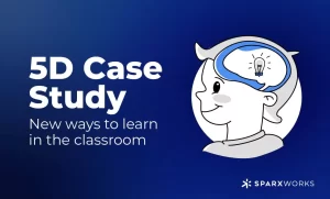 A gradient blue background image with a light to dark transition. On the left side of the image, the text "5D Case Study" is written in large, bold white font. Below this, in a smaller white font, is the text "New ways to learn in the classroom."